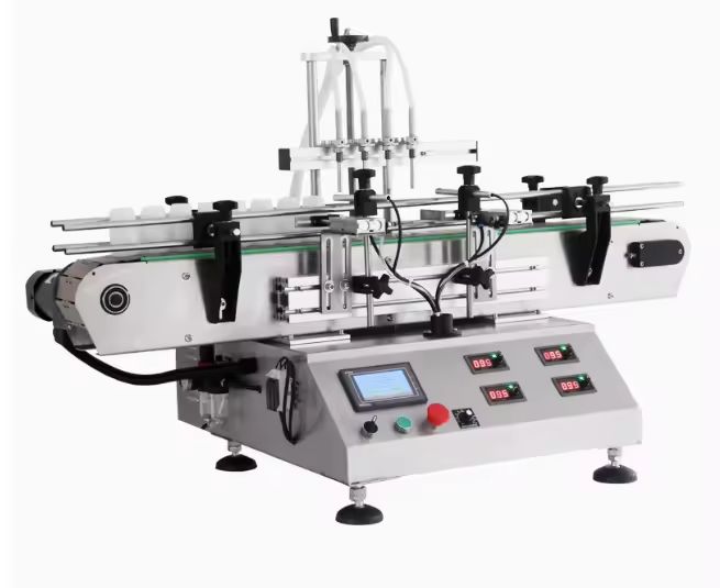 तरल भरने की मशीन डेस्कटॉप स्वचालित छोटी आवश्यक तेल इत्र तरल बोतल भरने कैपिंग और लेबलिंग मशीन 4 हेड